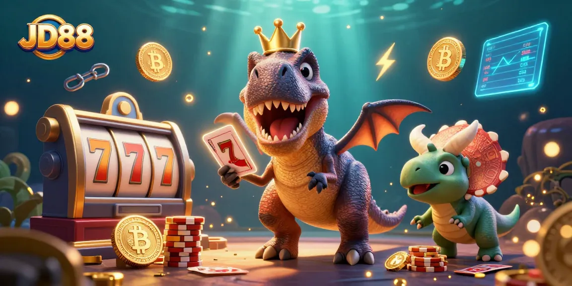 Engage with JD88 in a casino scene featuring a T-Rex and a triceratops amidst vibrant game elements.
