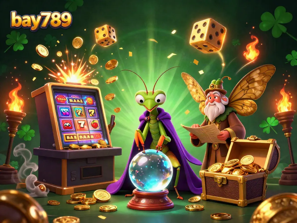 Experience the excitement of bay789's vibrant casino games with a 3D illustration showcasing fortune tellers and jackpots.