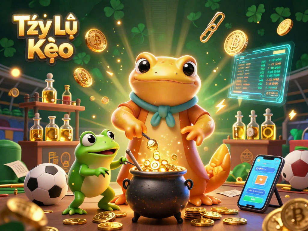 Tỷ Lệ Kèo showcases vibrant sports betting elements in a detailed 3D illustration with a golden salamander alchemist and a frog apprentice.