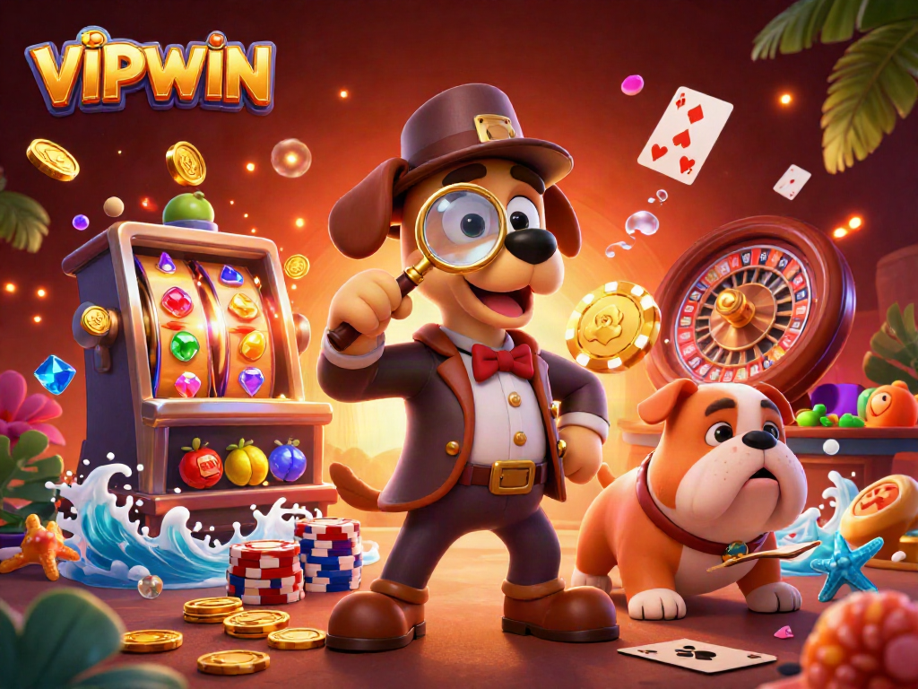 Experience VIPWIN excitement with a detective uncovering poker chip clues in a vibrant casino scene.