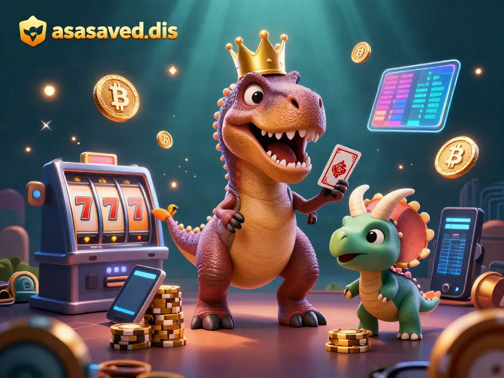 Engage with asasavedis while a T-Rex shuffles cards in an exciting casino scene filled with neon currency elements.