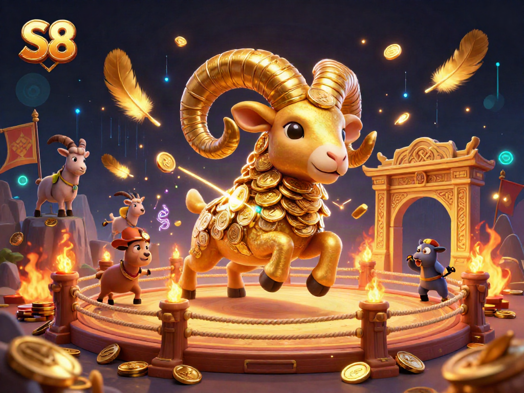 Engage in the thrilling S8 casino experience with a dynamic golden ram charging through a vibrant game arena.