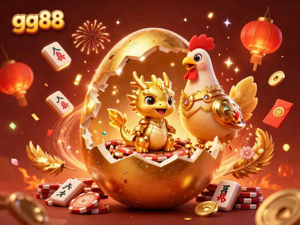 Experience the magic of gg88 with a golden dragon emerging from poker chips amidst festive elements and celebration.