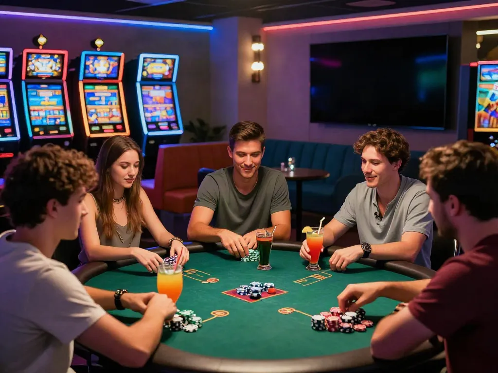 Friends enjoying their time at a non GamStop casino, playing poker with colorful cocktails in a lively atmosphere