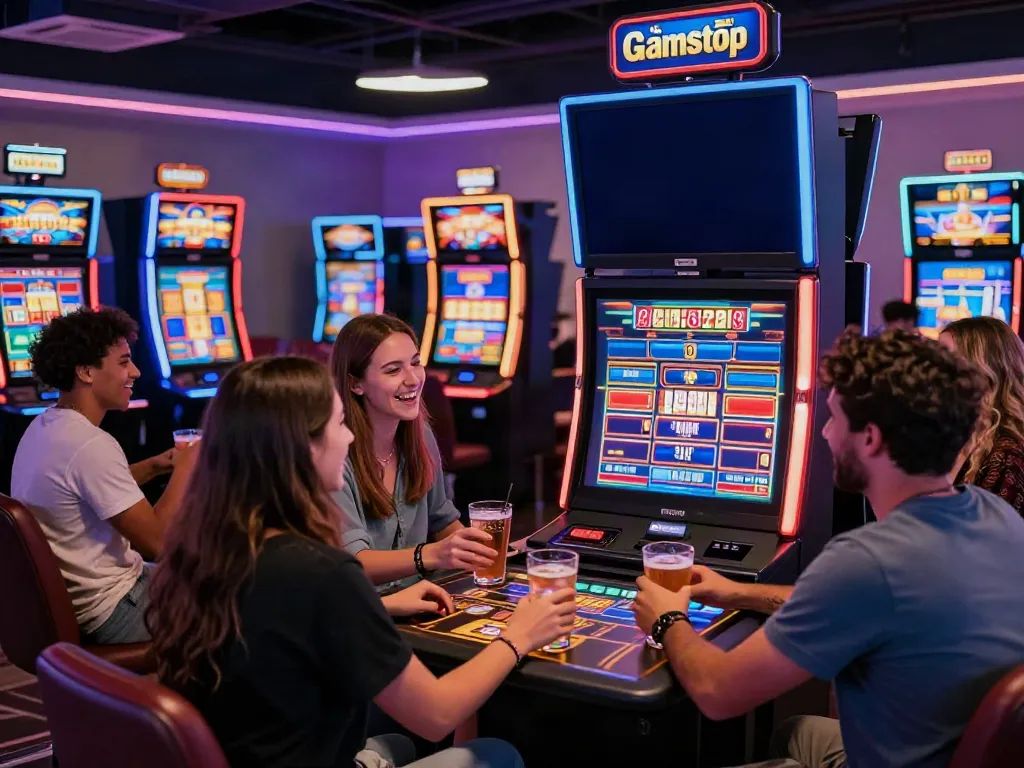 Friends celebrating wins at non GamStop casinos in vibrant gaming lounge.