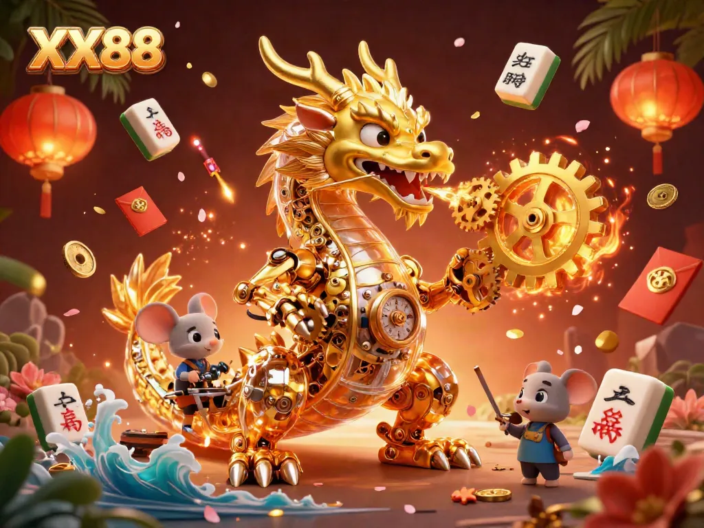 Experience the excitement of XX88 with a dynamic 3D illustration featuring a golden dragon amidst vibrant gaming elements.