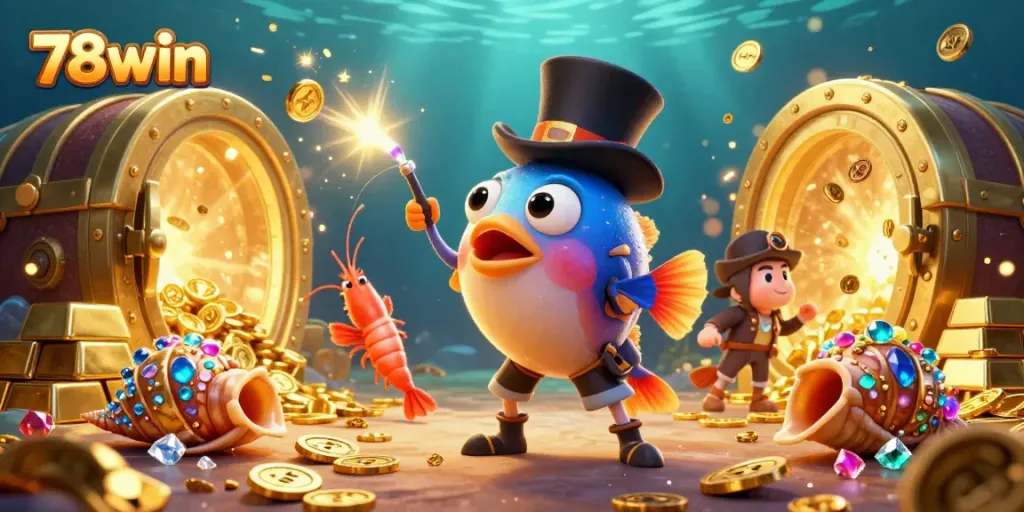 Experience thrilling gameplay and rewards with 78win, as illustrated by vibrant underwater casino elements.