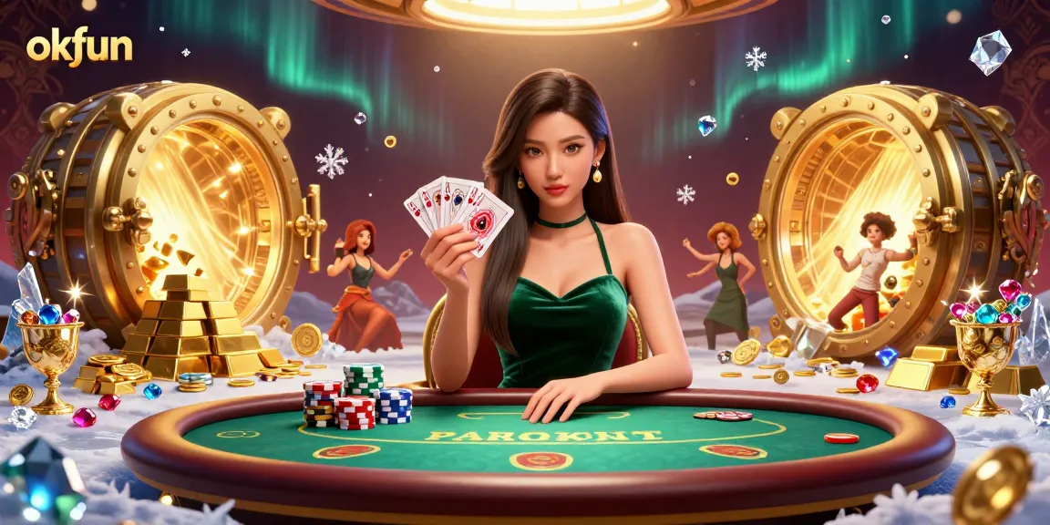 Experience excitement at okfun with a beautiful Asian dealer at a rich poker table surrounded by treasures.