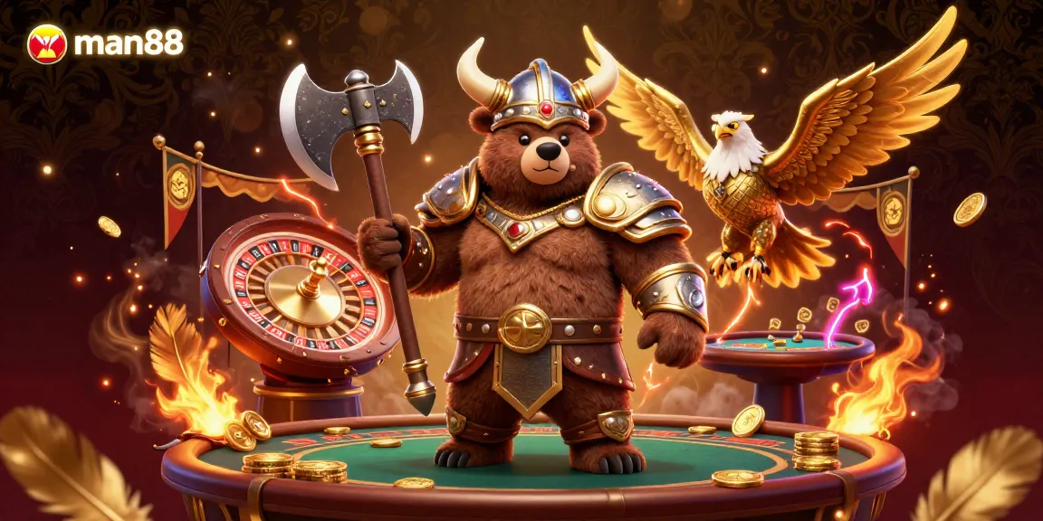 Engage with thrilling casino action at man88 featuring a Viking bear and Valkyrie eagle amid poker and roulette elements.