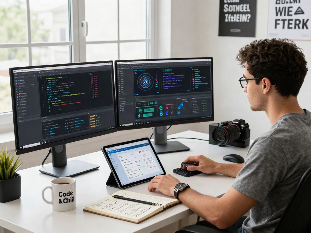 Developer monitoring NSFW AI content in a modern workspace displaying analytical tools.