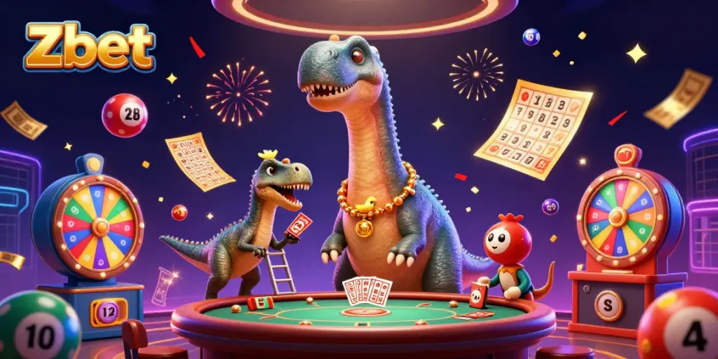Engage with Zbet's vibrant illustration featuring a casino scene with playful dinosaur characters and dynamic gambling elements.
