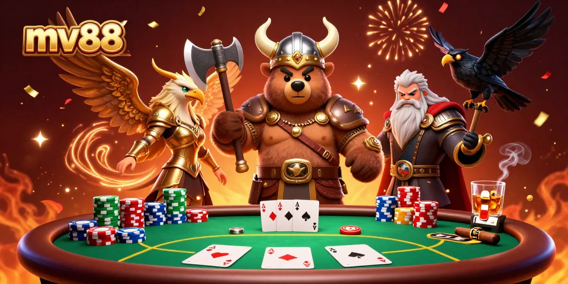 Engage with MV88 online casino adventures featuring a Viking bear, Valkyrie eagle, and poker elements.