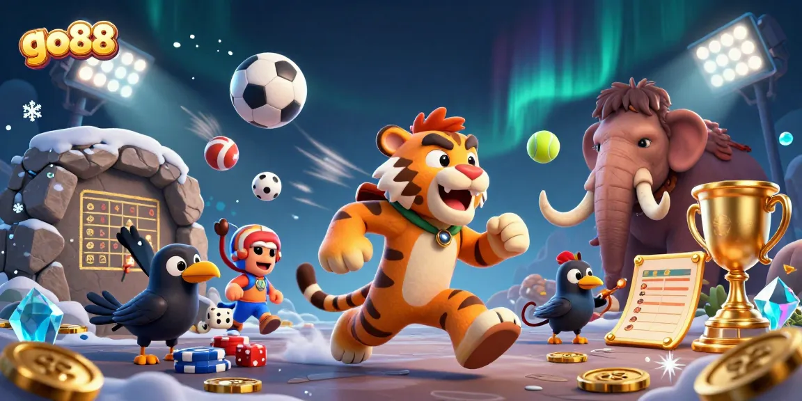 Join the excitement at go88 with a lively prehistoric casino scene featuring crafted games and playful characters.