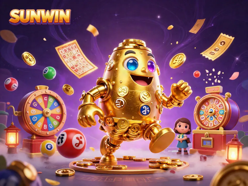 Experience the excitement of SUNWIN with a lively illustration featuring a golden golem and vibrant lottery elements.