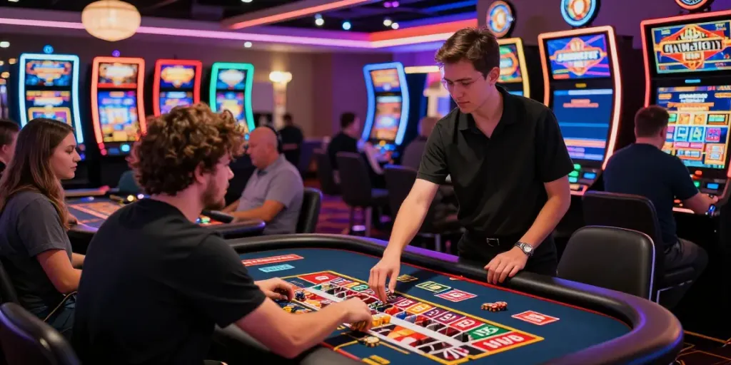 Dynamic scene of players enjoying non gamstop casinos with vibrant lights and engaging gaming tables.