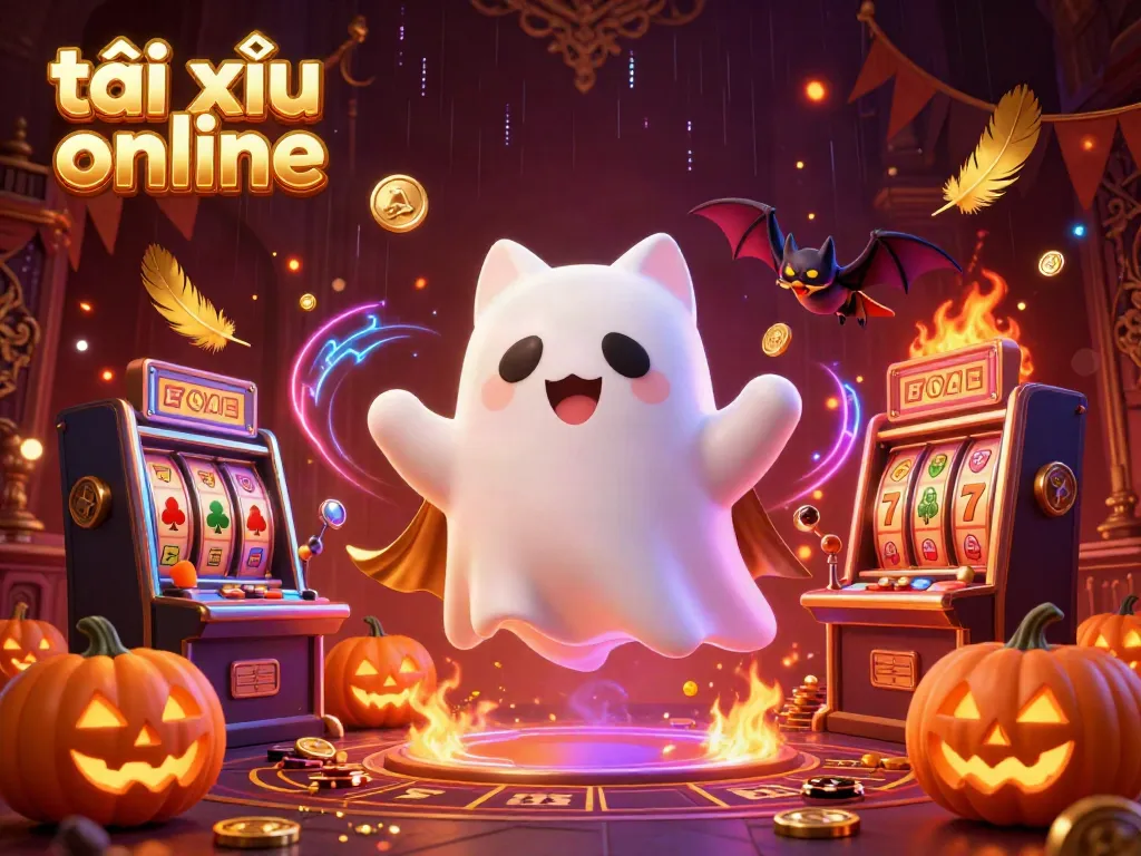 Engage with tài xỉu online as a friendly ghost cat and a vampire bat navigate a haunted casino scene.