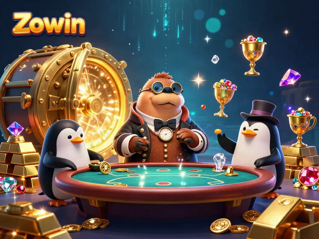 Zowin showcases an underwater poker game with a walrus, penguin dealer, and a bluffing pufferfish.