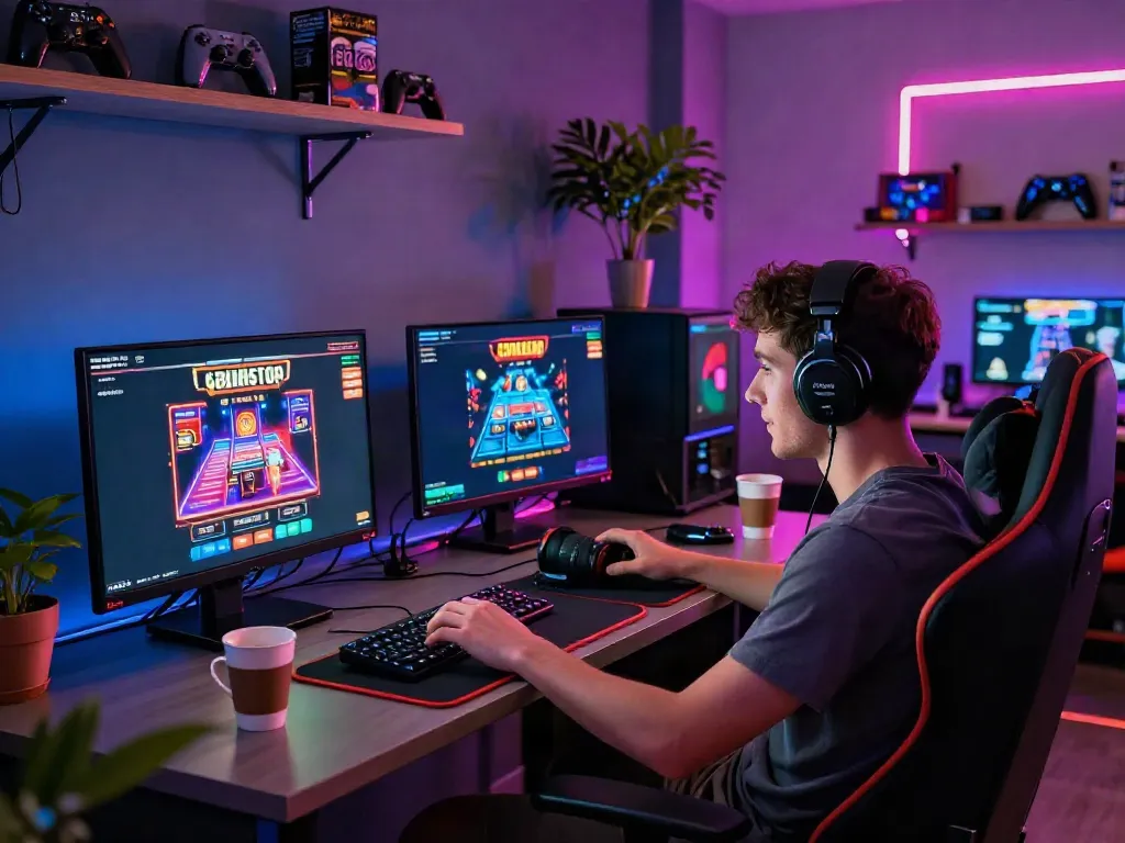 Exciting gaming setup showcasing vibrant online games from non gamstop casinos with atmospheric lighting.