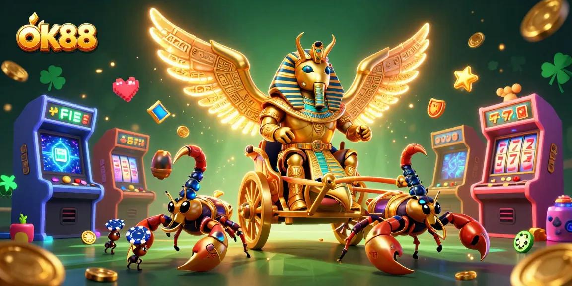 Engage with ok88's colorful casino scene featuring vibrant gaming characters and slots.
