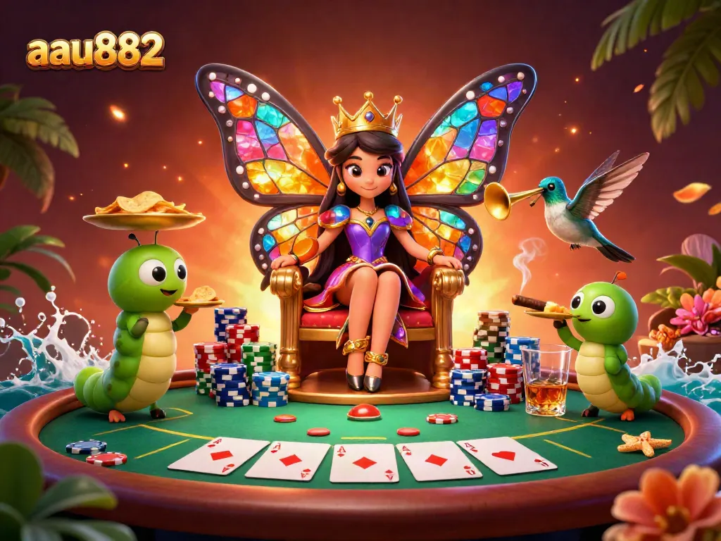 Experience exciting gameplay at aau882 with a lavish casino scene featuring a butterfly queen and poker elements.