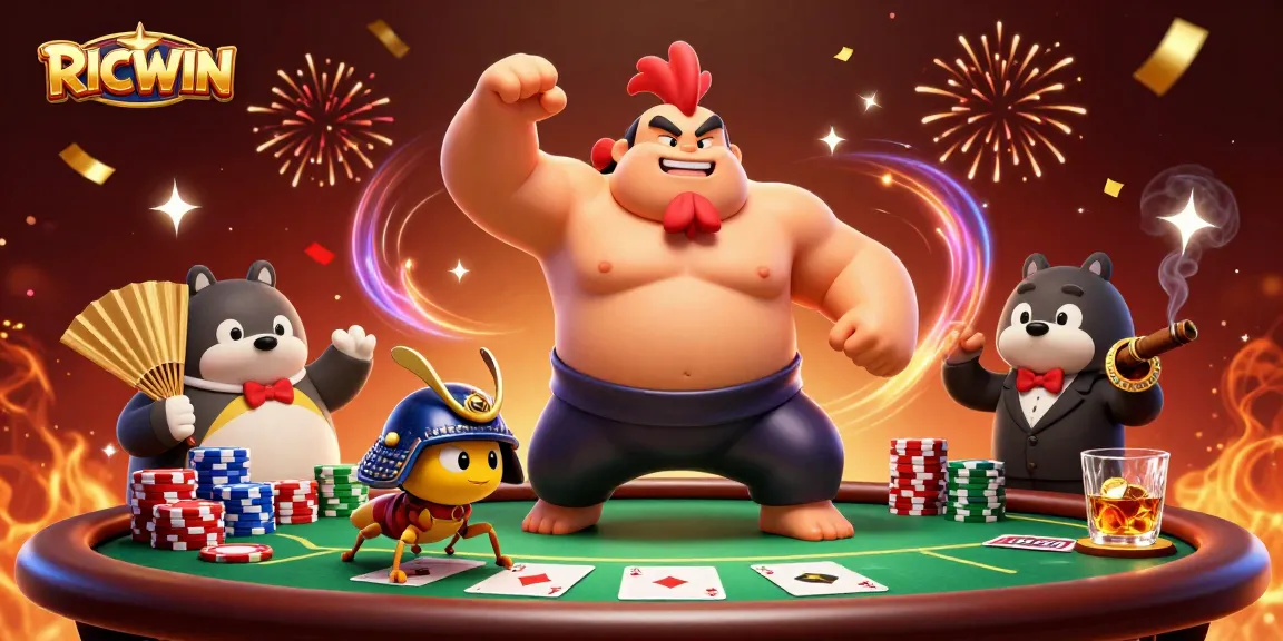Experience RICWIN's vibrant poker showdown with dynamic characters and action-packed elements.