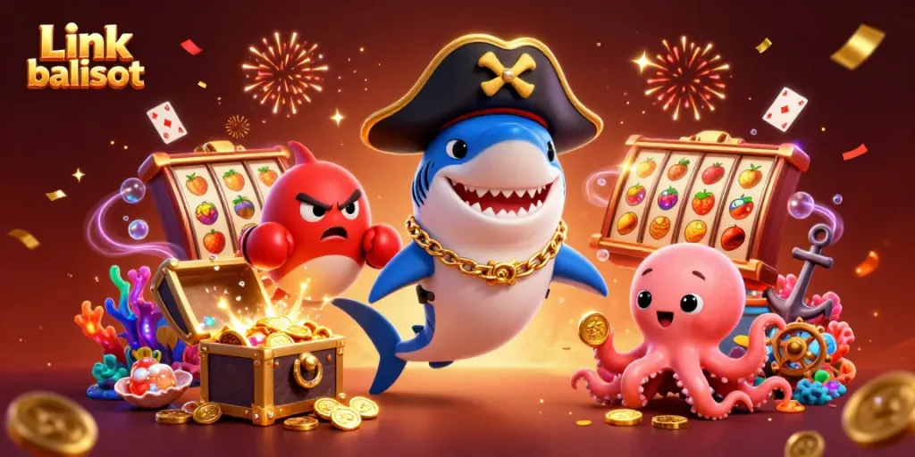 Spin the reels with the fun characters from Link balislot in an action-packed casino scene.