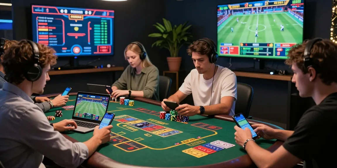TK 999 players engaged in an exciting online gaming experience with sports betting on smartphones and laptops in a vibrant casino atmosphere.