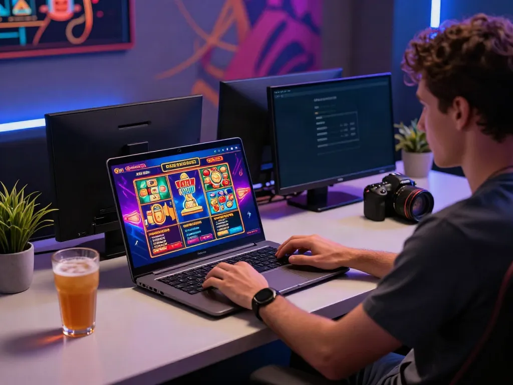 Engaging modern scene of a player enjoying non gamstop casinos on a laptop with vibrant games displayed.