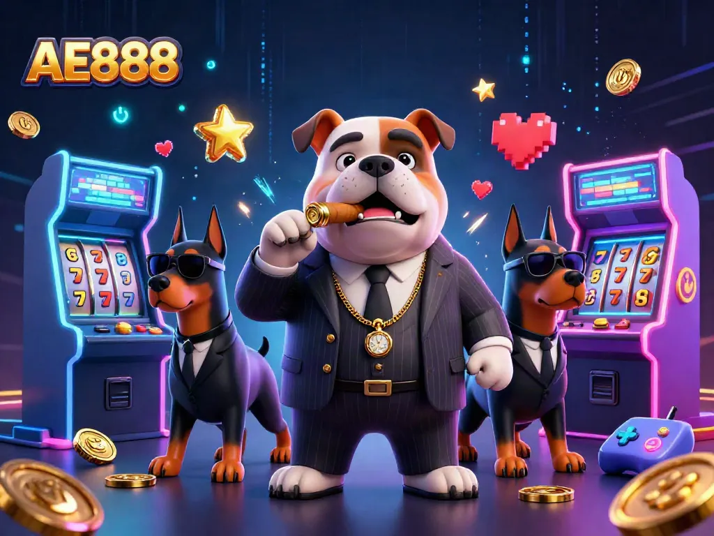 Experience the thrilling wins at AE888 with our exciting casino scene featuring a mafia bulldog and his bodyguards.
