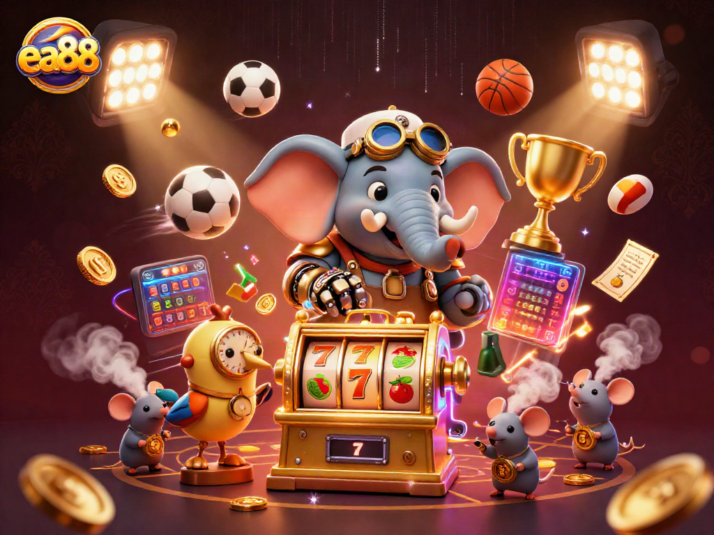 Spin the ea88 slot machine while vibrant sports balls and golden trophies create excitement
