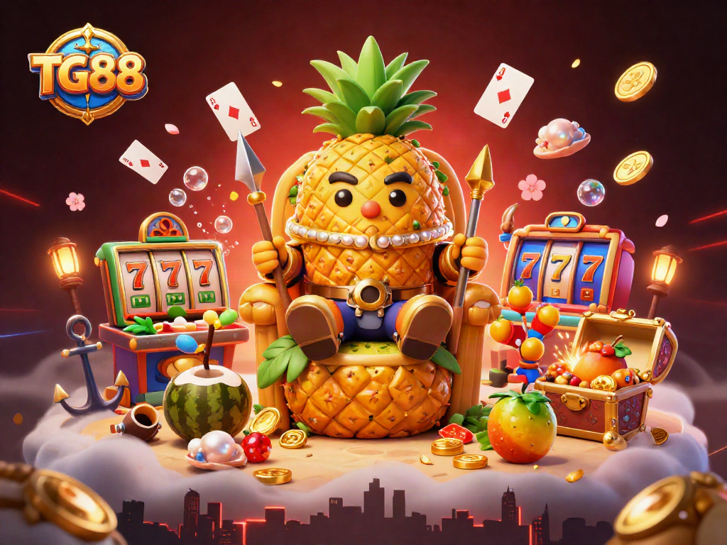 Experience thrilling gameplay at TG88 with a vibrant 3D casino scene featuring slot machines and gaming characters.