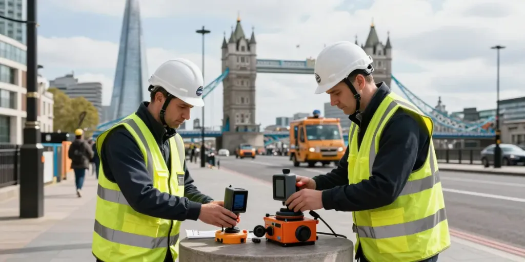 Utility Surveyors London using ground-penetrating radar in an urban setting, showcasing professional surveying equipment and iconic landmarks.