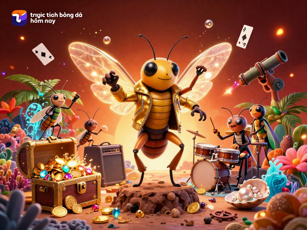 Experience "trực tiếp bóng đá hôm nay" with dynamic characters in a vibrant, packed casino scene featuring gold coins, playing cards, and tropical elements.