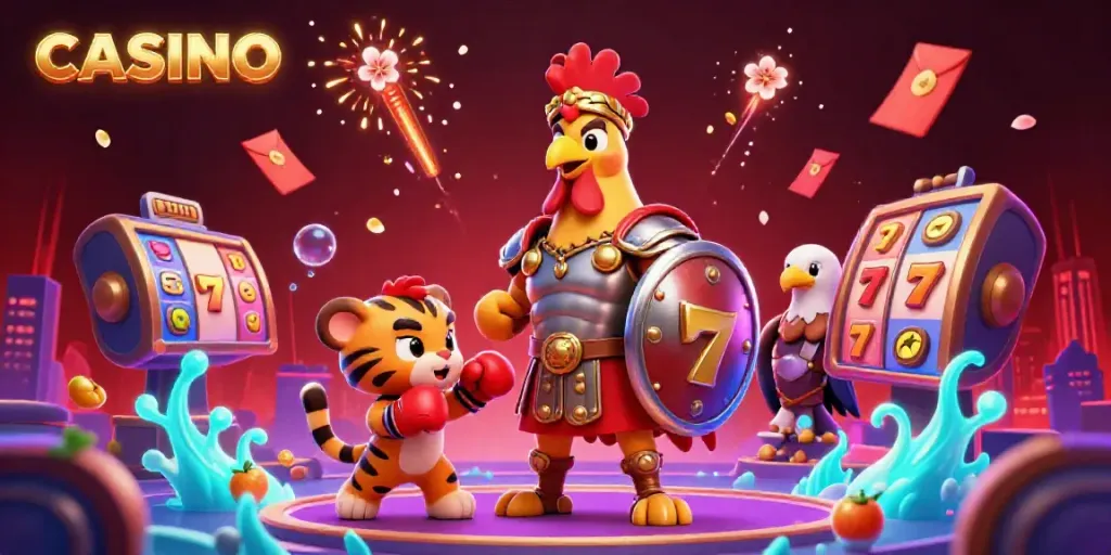 Engaging CASINO illustration showcasing a gladiator rooster, sparring tiger cub, and eagle amidst vibrant slot machine elements.