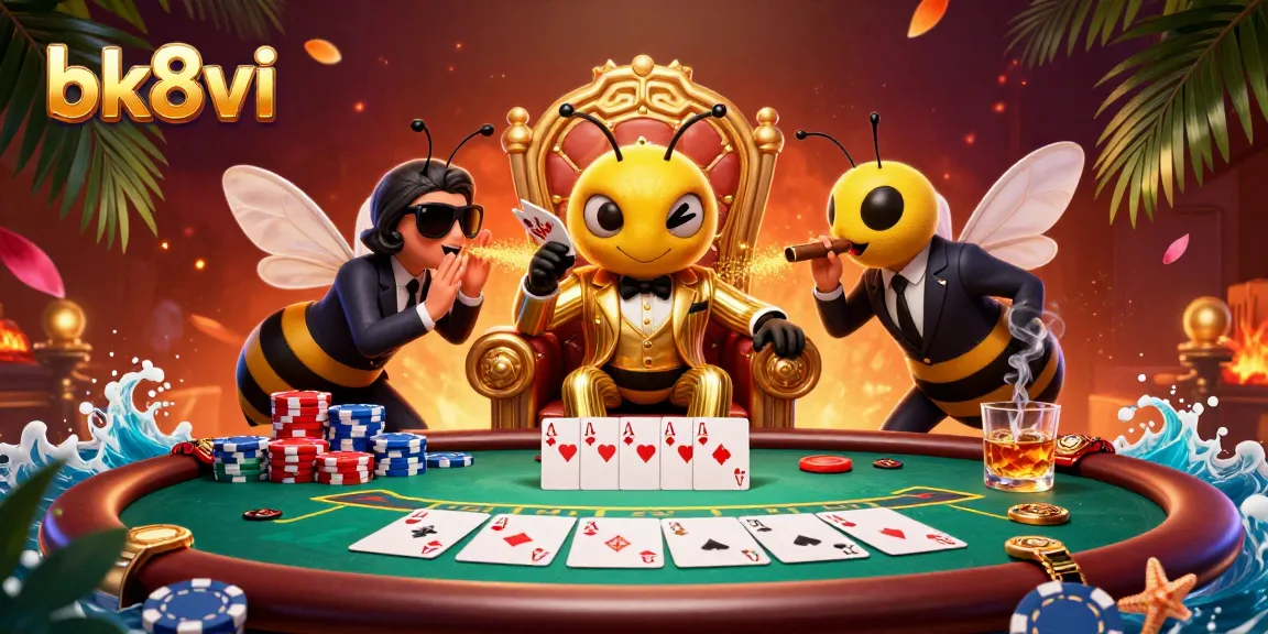 Experience the thrilling gameplay at bk8vi with a vibrant casino scene featuring a bumblebee mob boss and poker action.
