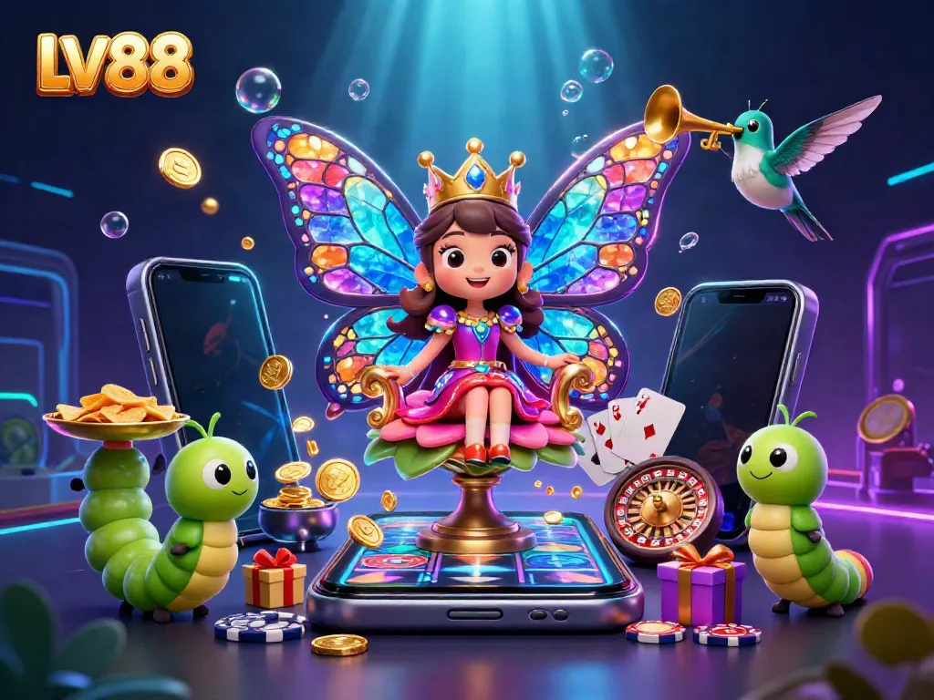 Experience the vibrant LV88 gaming world with a charismatic butterfly queen surrounded by casino excitement.