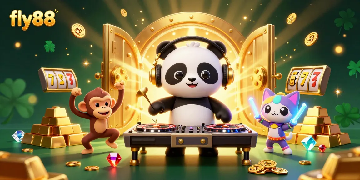 Spinning the reels at fly88, a lively scene with a DJ panda and vibrant casino visuals.