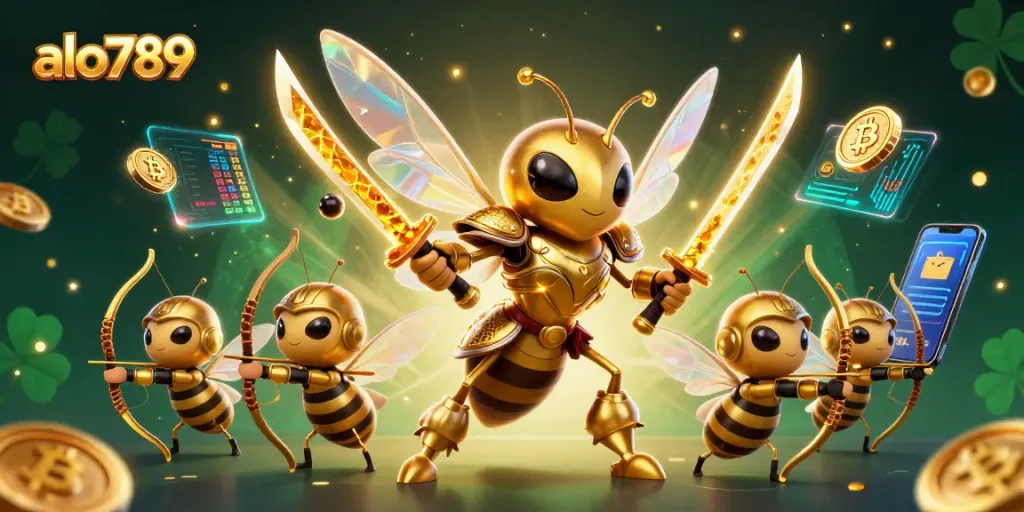 A thrilling game experience awaits alo789 gamblers with cheerful samurai bee characters and crypto elements.