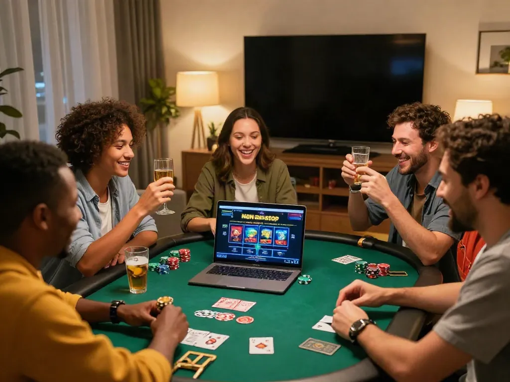 Exciting gathering of friends exploring non gamstop casinos online with games visible on a laptop.