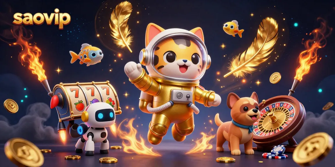 Engage in thrilling gameplay with SAOVIP, showcasing an astronaut cat, robot dog, and vibrant casino elements.