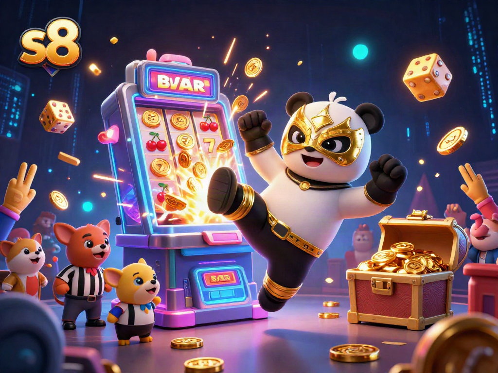 S8 slot gaming scene with a panda wrestler kicking through a jackpot explosion and cheering spectators.