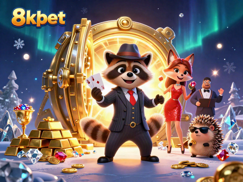 Experience the thrill of winning with 8xbet, featuring a raccoon and fox in a vibrant casino scene.