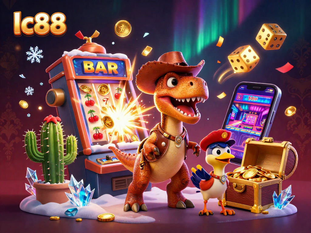Win big at lc88 with thrilling casino games featuring a dinosaur and cactus characters amidst jackpot excitement