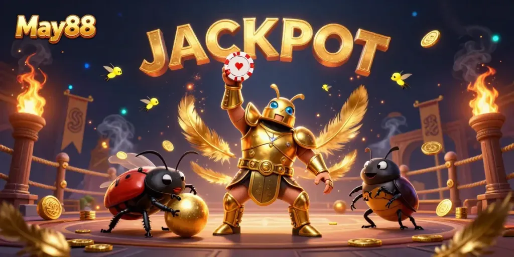 Experience May88's vibrant gambling adventures with cartoon beetles lifting chips in a dynamic casino-themed scene.