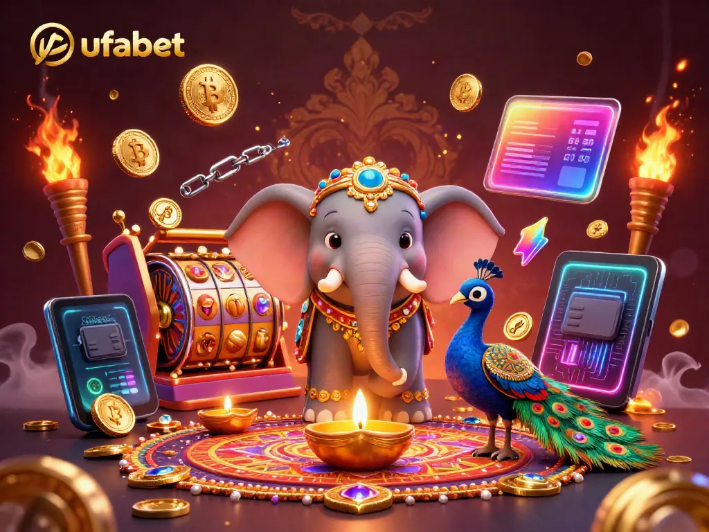 Experience thrilling gameplay with ufabet as the lively casino scene unfolds featuring a colorful elephant and peacock.