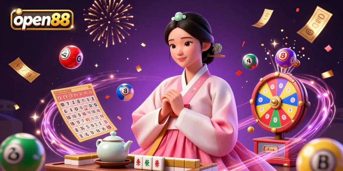 Experience the thrill of open88 with colorful lottery balls and vibrant prizes in this engaging casino scene.