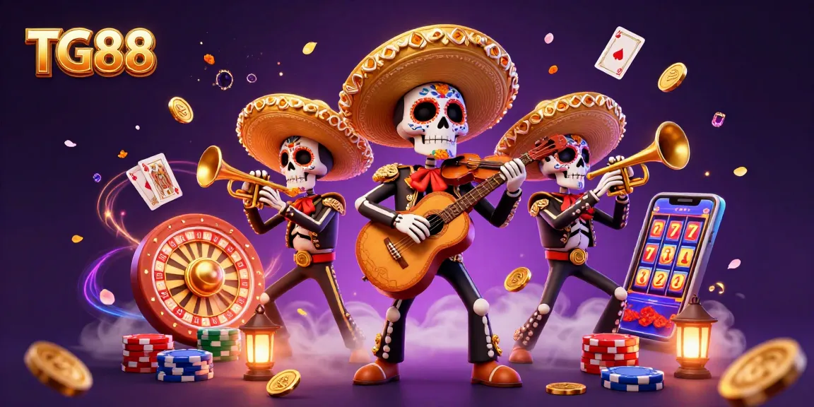TG88 showcases a vibrant mariachi band amid cascading coins and sparkling gems in an online casino scene.