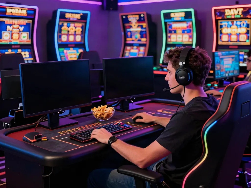 Exciting non gamstop casinos scene with a player immersed in gaming at home, showcasing vibrant gameplay.