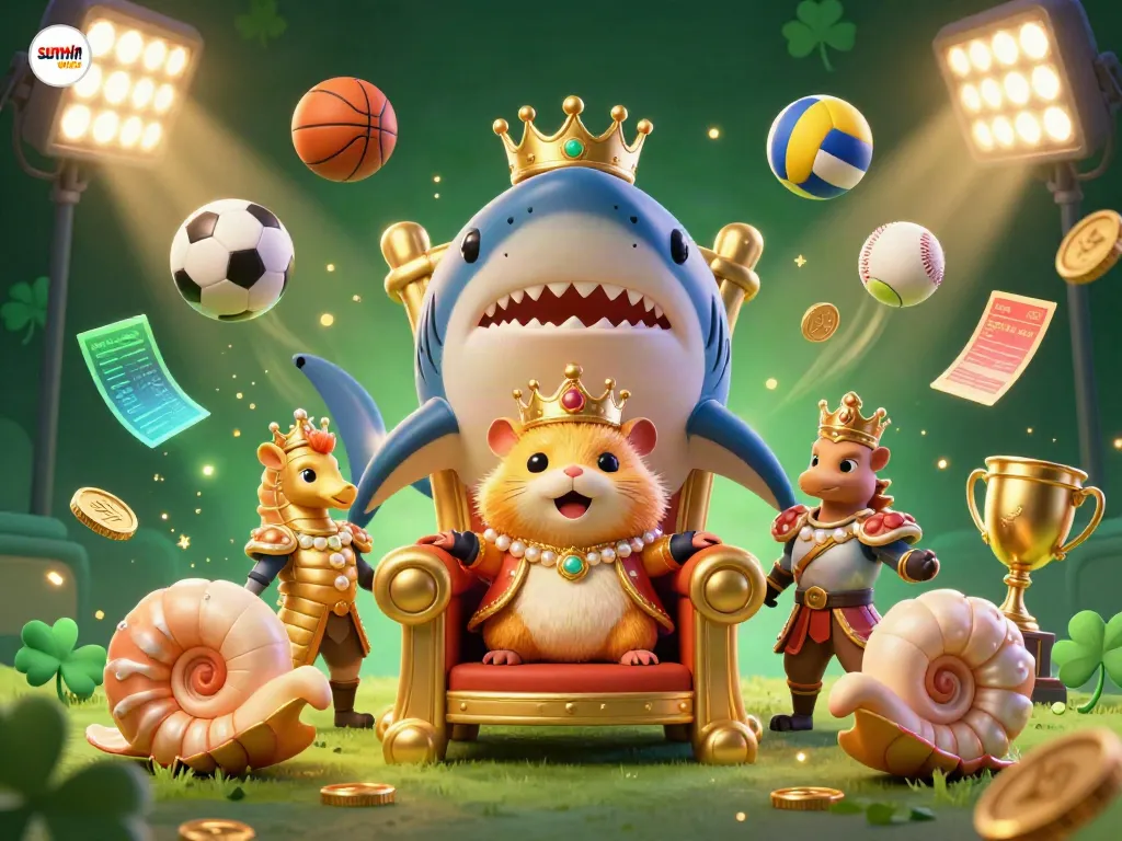 Experience thrilling gameplay at sunwin with a golden hamster king and vivid sports elements in a vibrant casino scene.