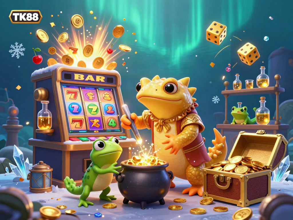 Experience the magic of TK88 with a vibrant 3D illustration of an alchemist and golden treasures.